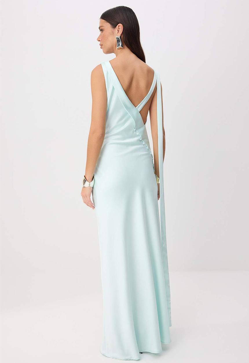 Trendyol - Button Detail Satin Maxi Evening Dress - Mint