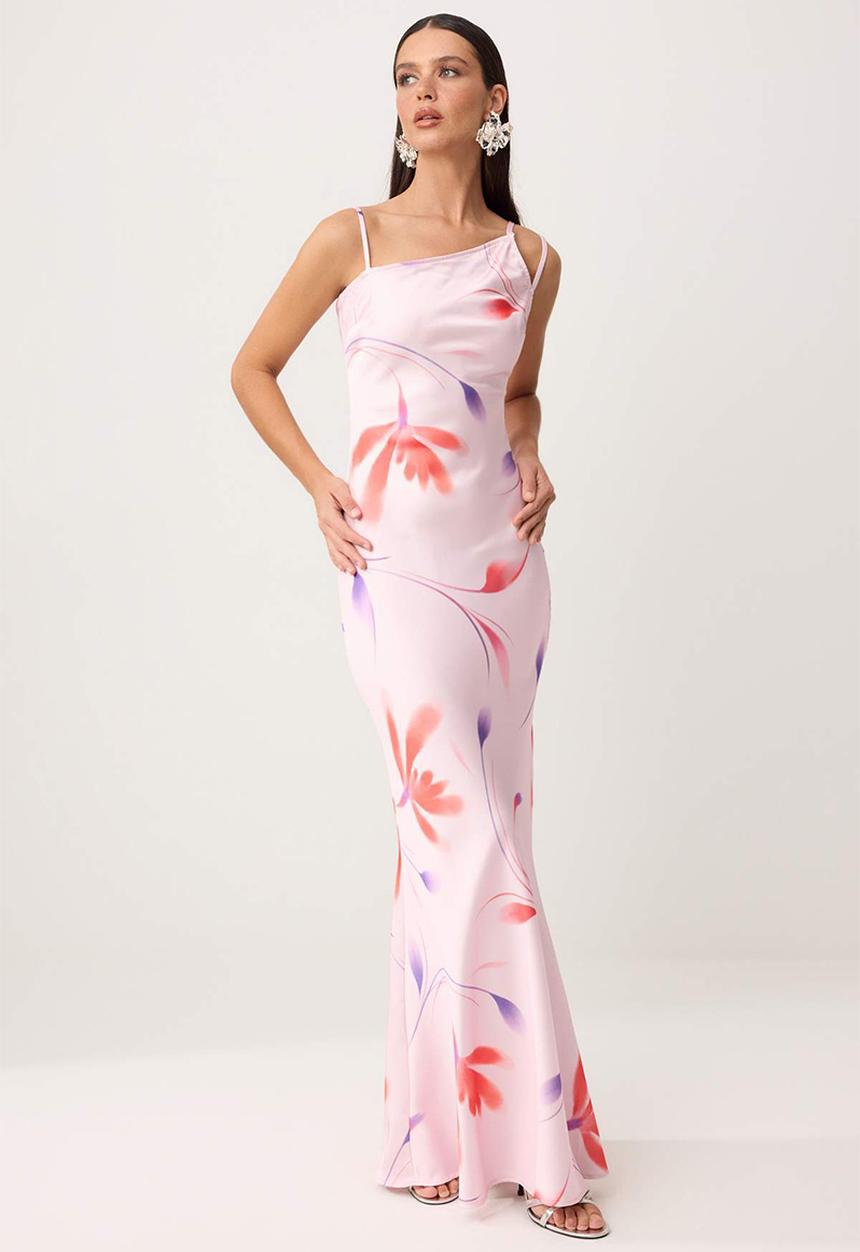 Trendyol - Floral Satin Maxi Evening Dress - Multicolour