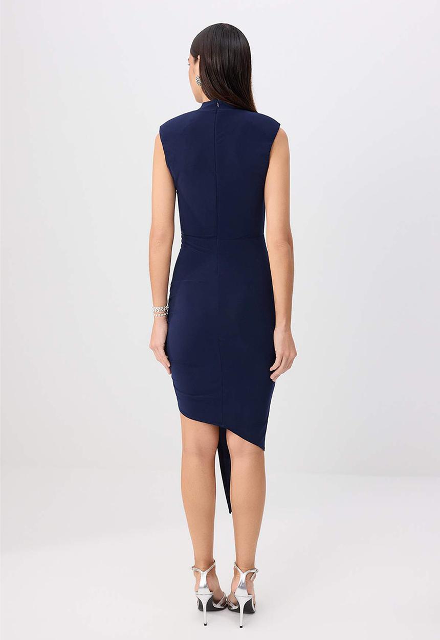 Trendyol - High Neck Asymmetric Midi Knit Dress - Navy Blue
