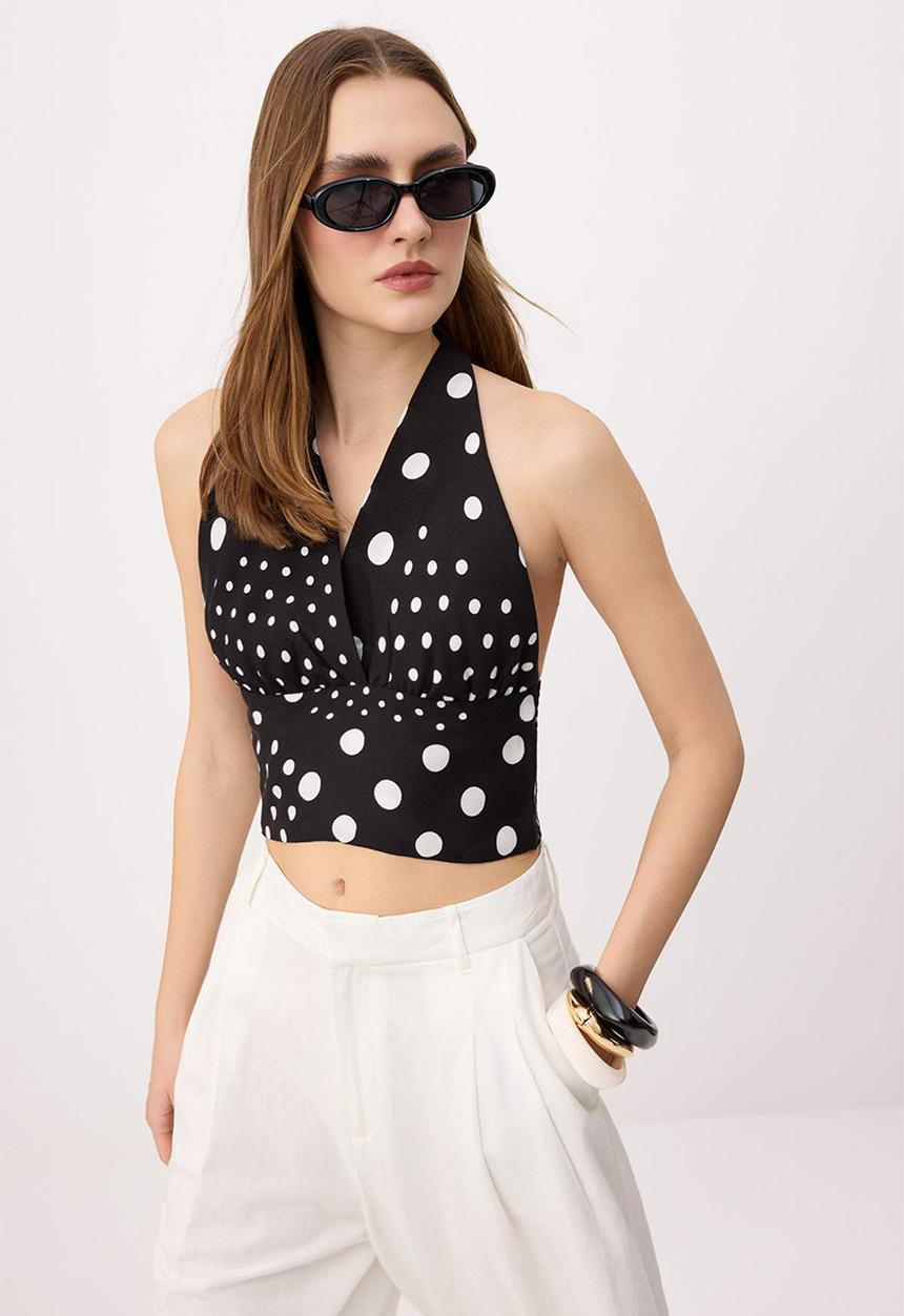 Trendyol - Polka Dot Cropped Halter Neck Blouse - Black