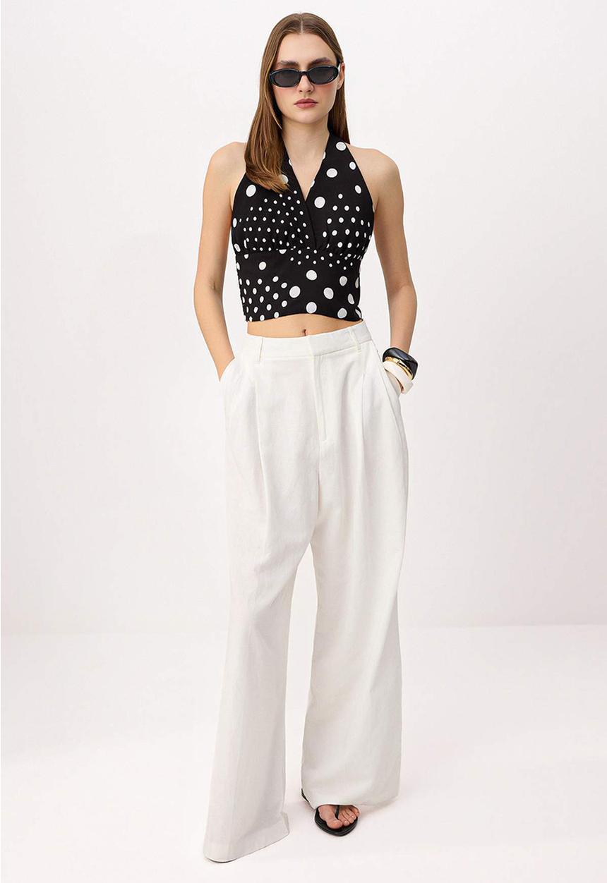 Trendyol - Polka Dot Cropped Halter Neck Blouse - Black