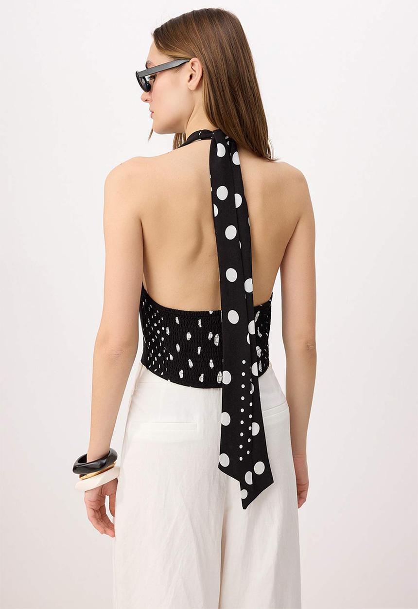Trendyol - Polka Dot Cropped Halter Neck Blouse - Black