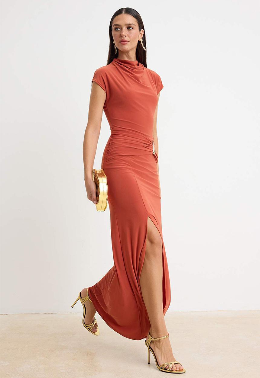 Trendyol - Collared Fish-Tail Maxi Evening Dress - Tile