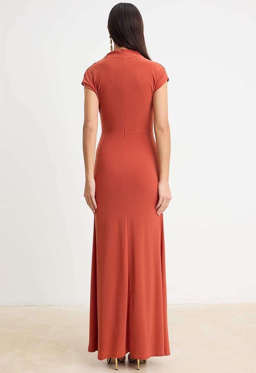 Trendyol - Collared Fish-Tail Maxi Evening Dress - Tile