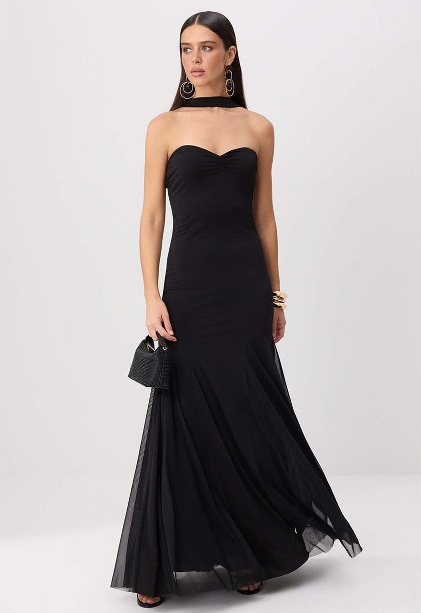 Trendyol - Heart Neck Scarf Detail Tulle Maxi Evening Dress - Black