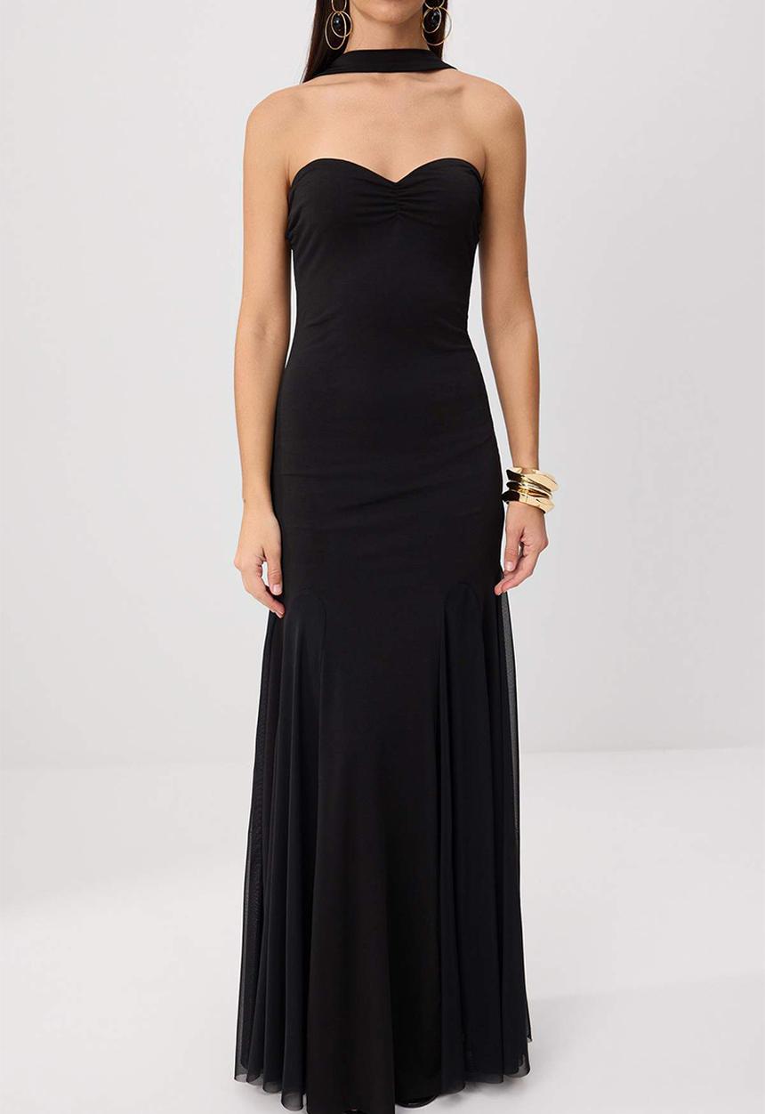 Trendyol - Heart Neck Scarf Detail Tulle Maxi Evening Dress - Black
