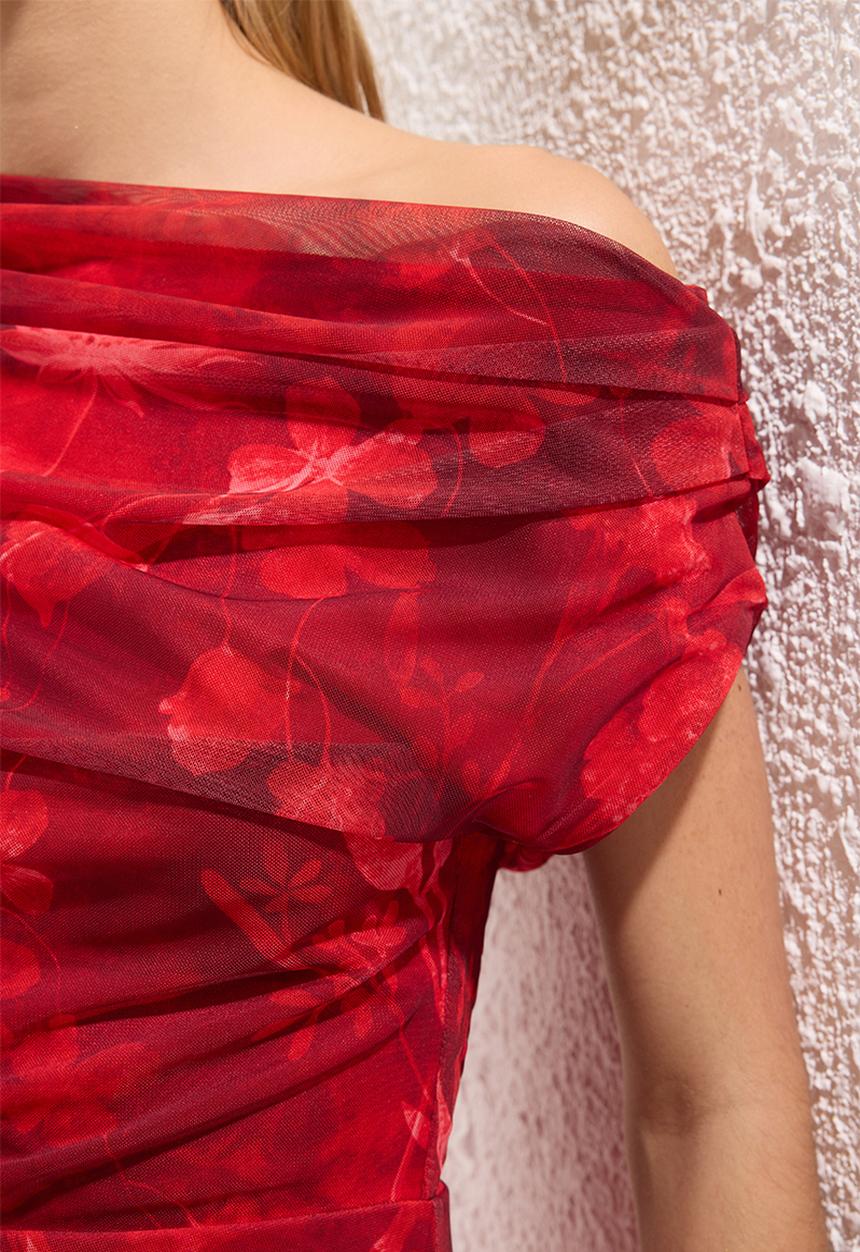 Trendyol - Abstract Pattern Tulle Midi Evening Dress - Red-Multicolour