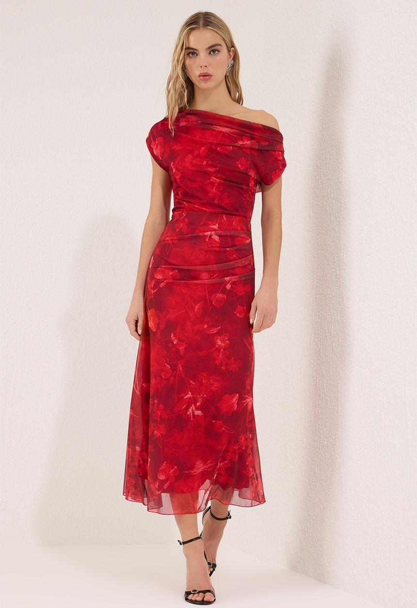 Trendyol - Abstract Pattern Tulle Midi Evening Dress - Red-Multicolour
