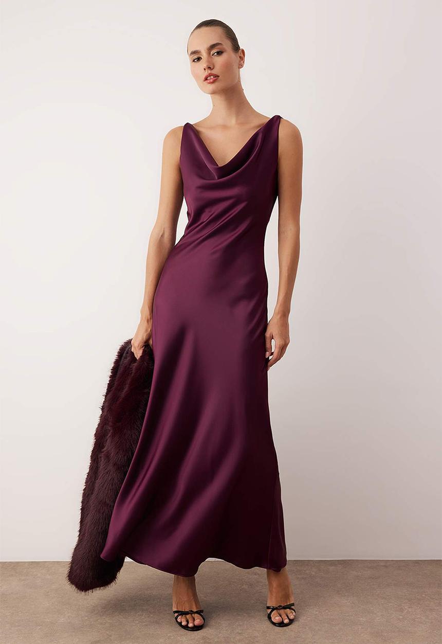 Trendyol - A-Line Cowl Neck Satin Maxi Dress - Purple