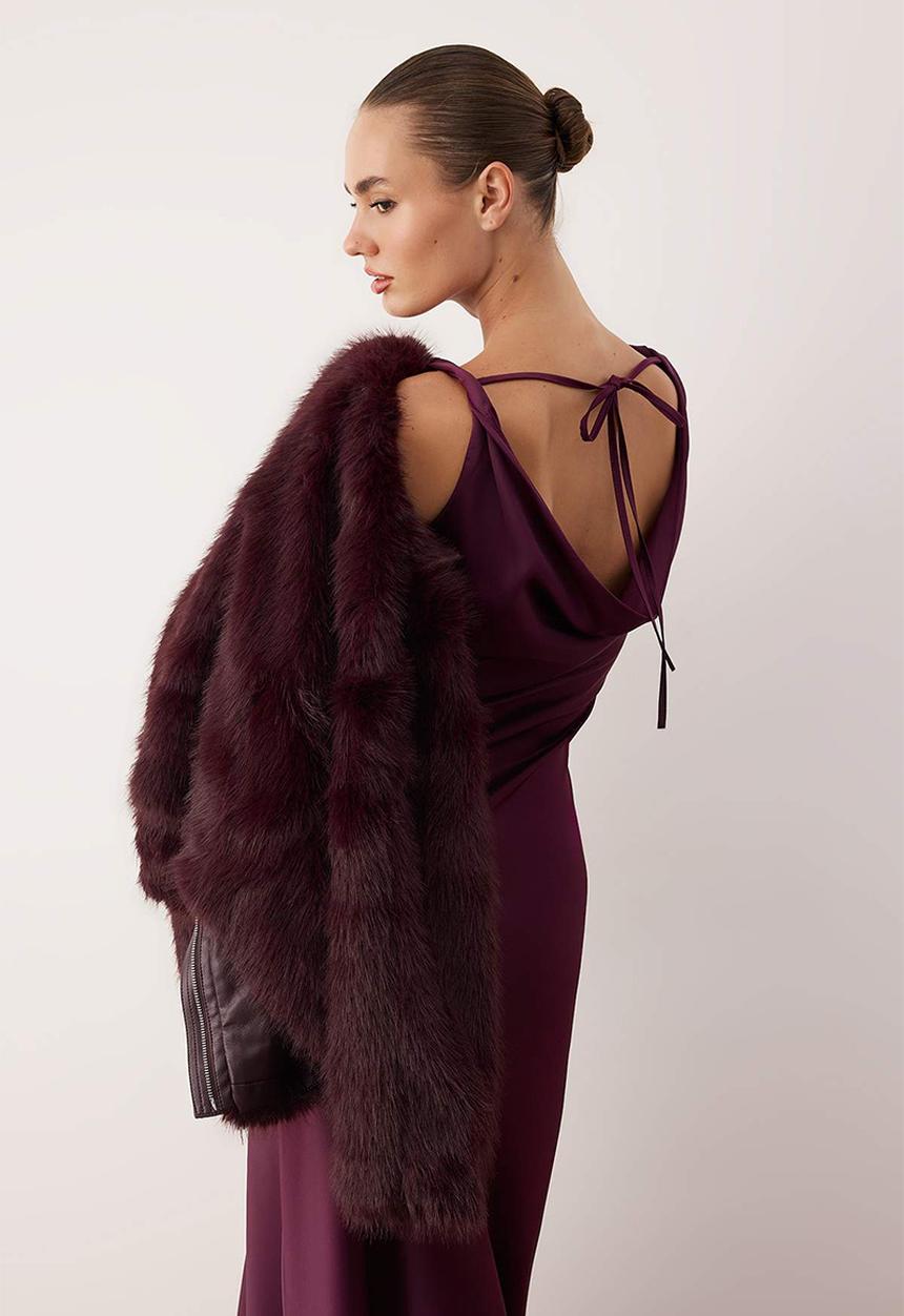 Trendyol - A-Line Cowl Neck Satin Maxi Dress - Purple