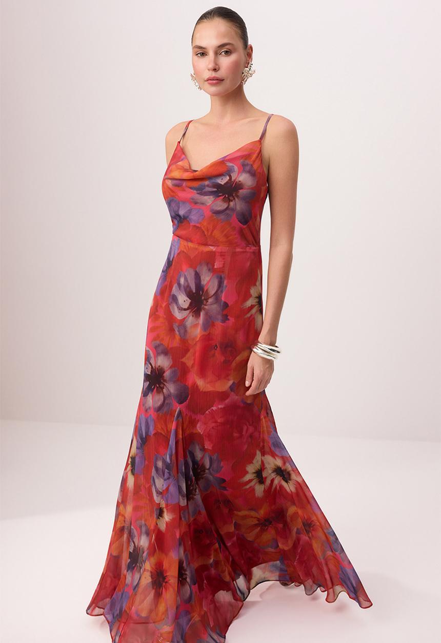 Trendyol - Floral Degaje Collar Chiffon Maxi Evening Dress - Burgundy