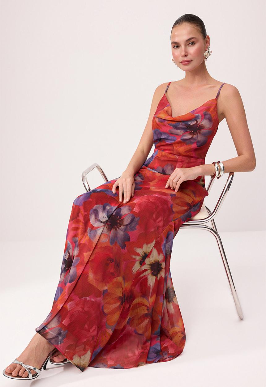 Trendyol - Floral Degaje Collar Chiffon Maxi Evening Dress - Burgundy