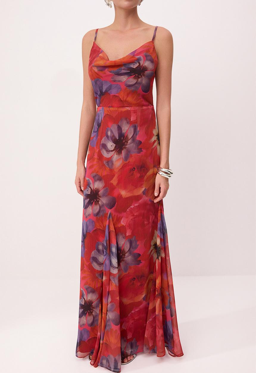 Trendyol - Floral Degaje Collar Chiffon Maxi Evening Dress - Burgundy