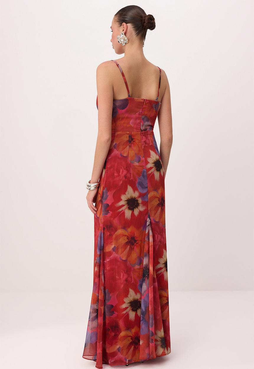 Trendyol - Floral Degaje Collar Chiffon Maxi Evening Dress - Burgundy