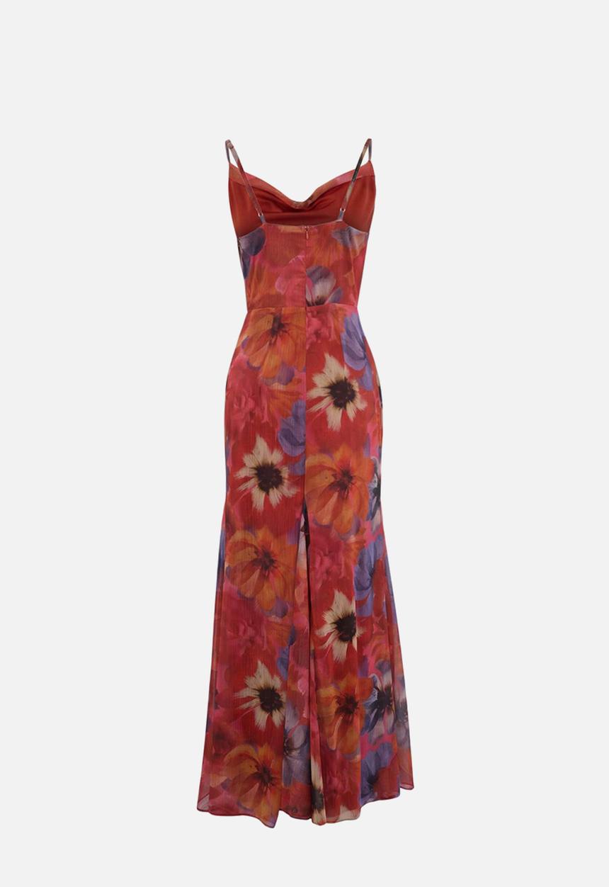 Trendyol - Floral Degaje Collar Chiffon Maxi Evening Dress - Burgundy