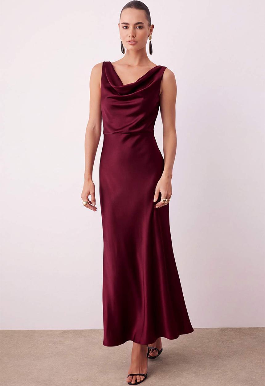 Trendyol - A-Line Cowl Neck Satin Maxi Dress - Red