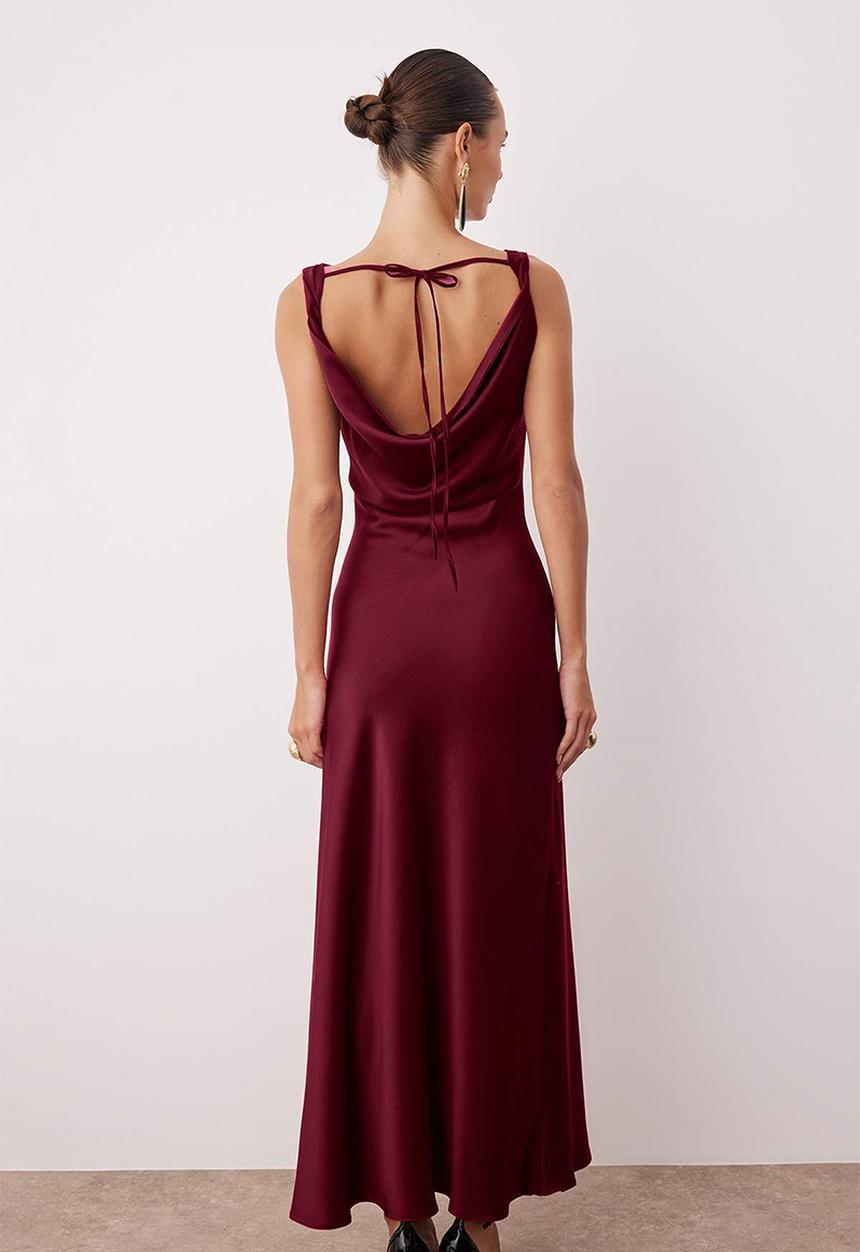 Trendyol - A-Line Cowl Neck Satin Maxi Dress - Red