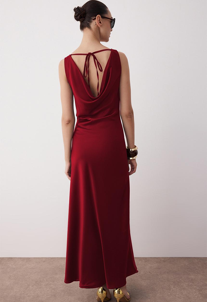 Trendyol - A-Line Cowl Neck Satin Maxi Dress - Red