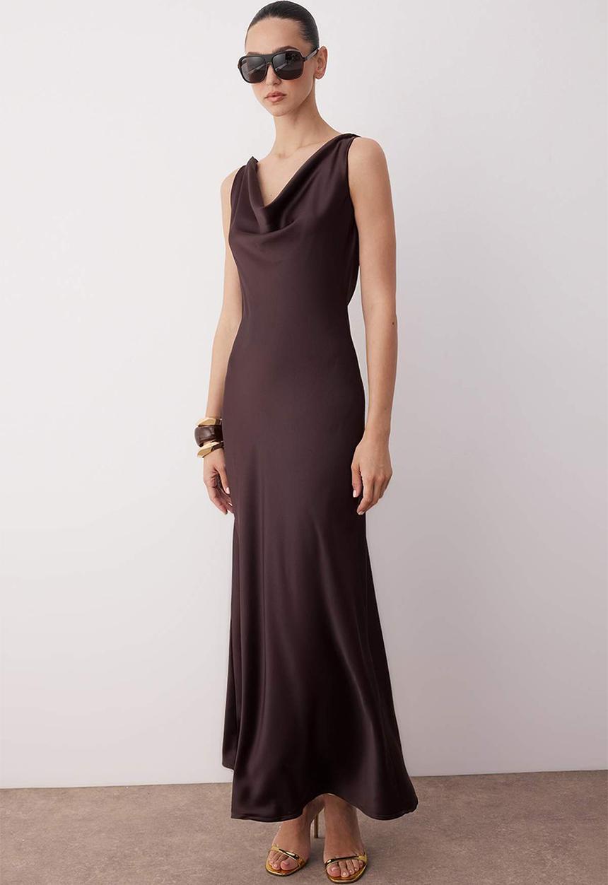 Trendyol - A-Line Cowl Neck Satin Maxi Dress - Brown