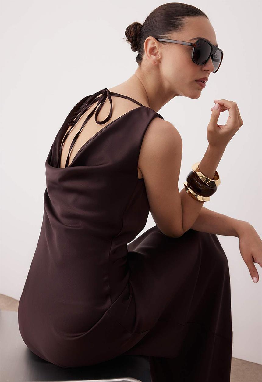 Trendyol - A-Line Cowl Neck Satin Maxi Dress - Brown