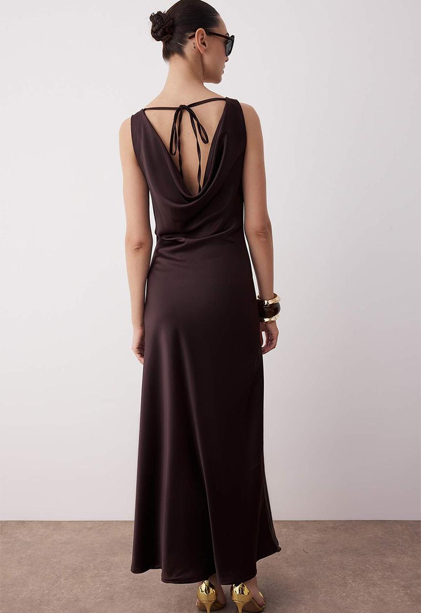 Trendyol - A-Line Cowl Neck Satin Maxi Dress - Brown