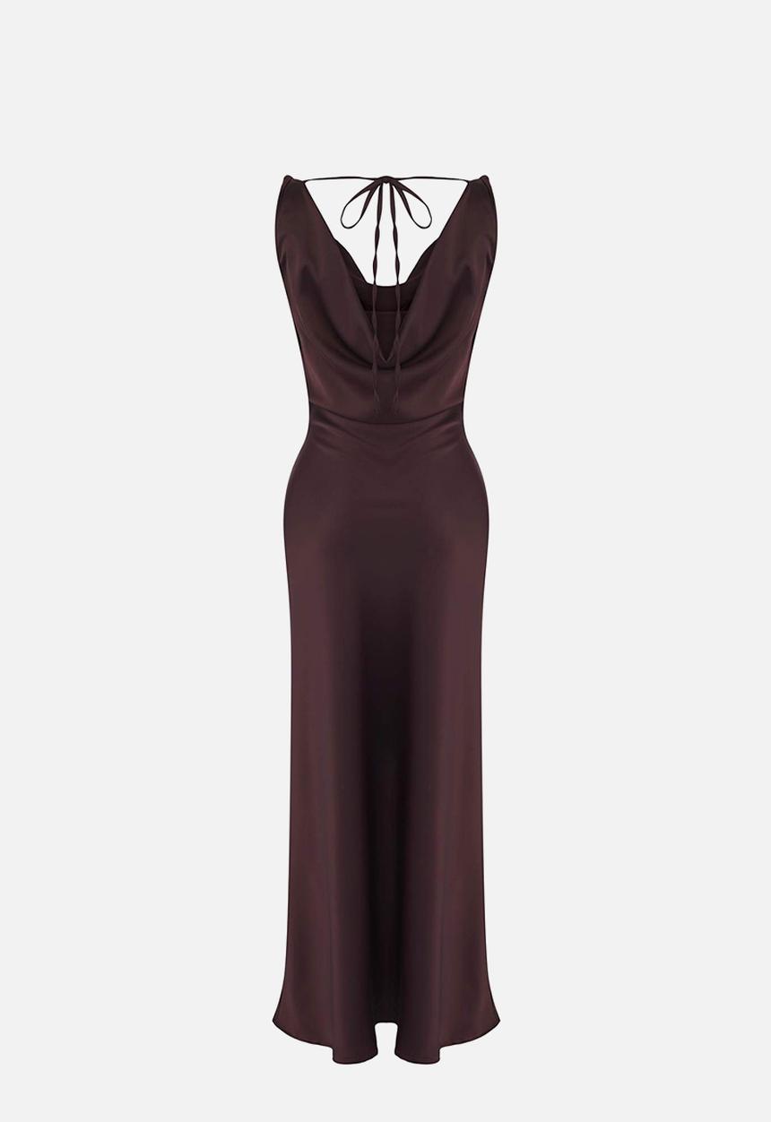 Trendyol - A-Line Cowl Neck Satin Maxi Dress - Brown