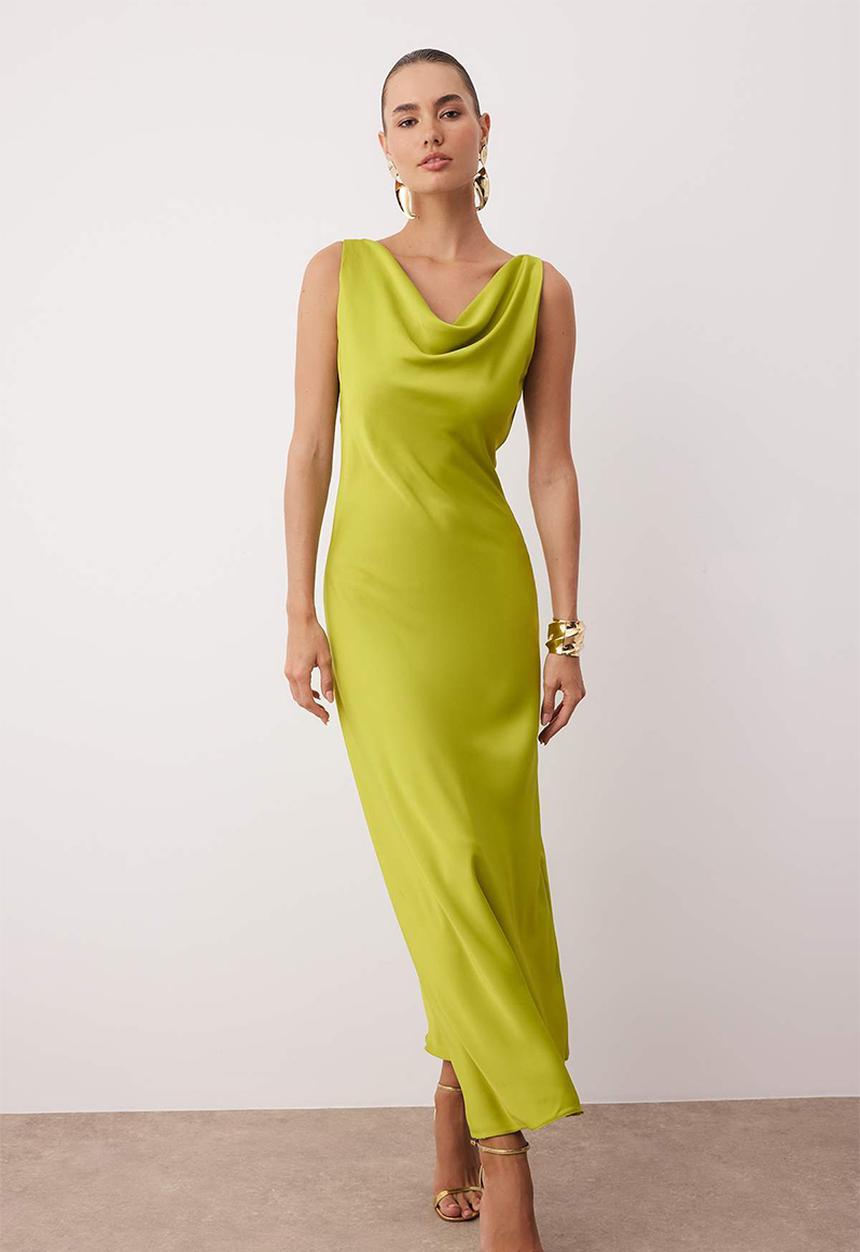 Trendyol - A-Line Cowl Neck Satin Maxi Dress - Oil Green