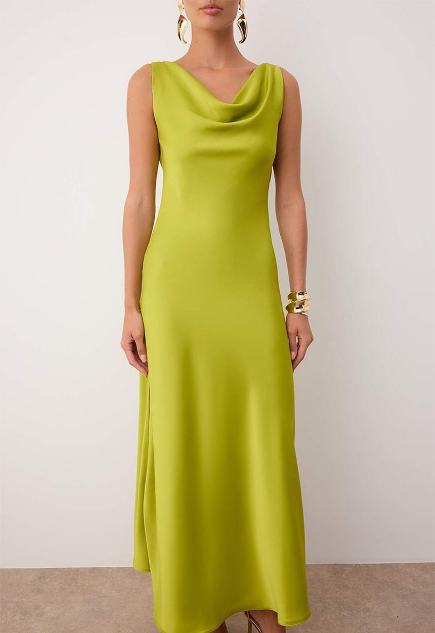 Trendyol - A-Line Cowl Neck Satin Maxi Dress - Oil Green