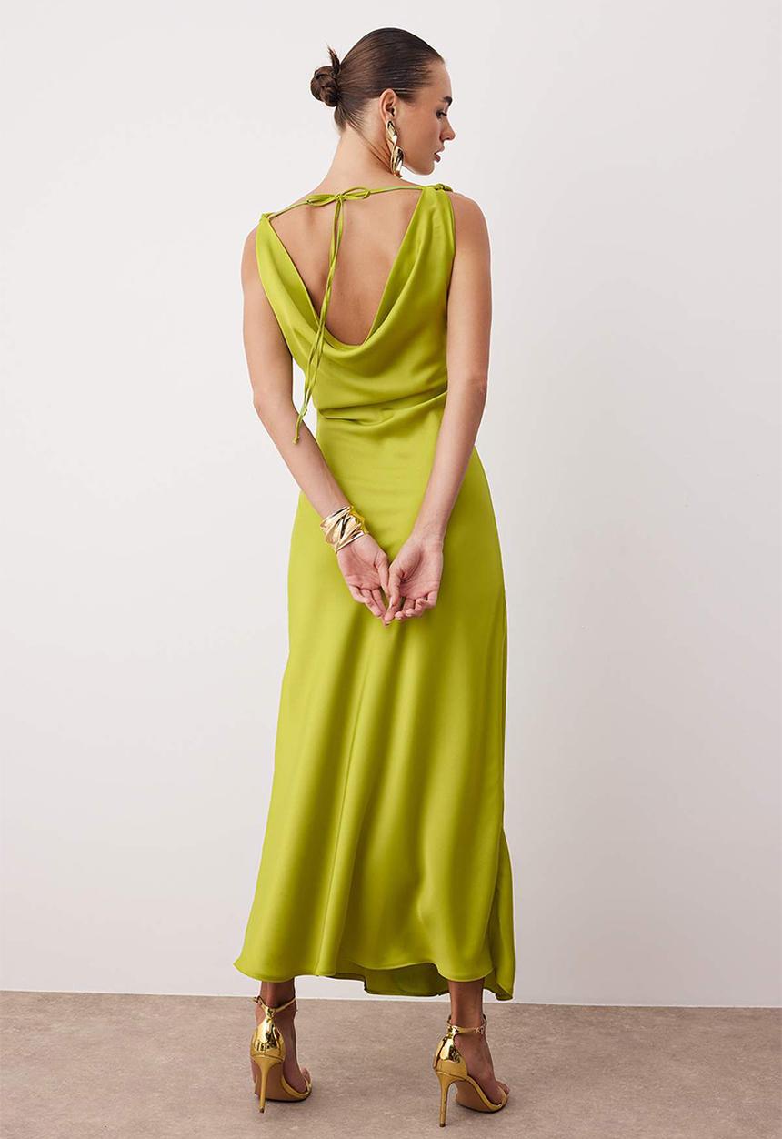 Trendyol - A-Line Cowl Neck Satin Maxi Dress - Oil Green