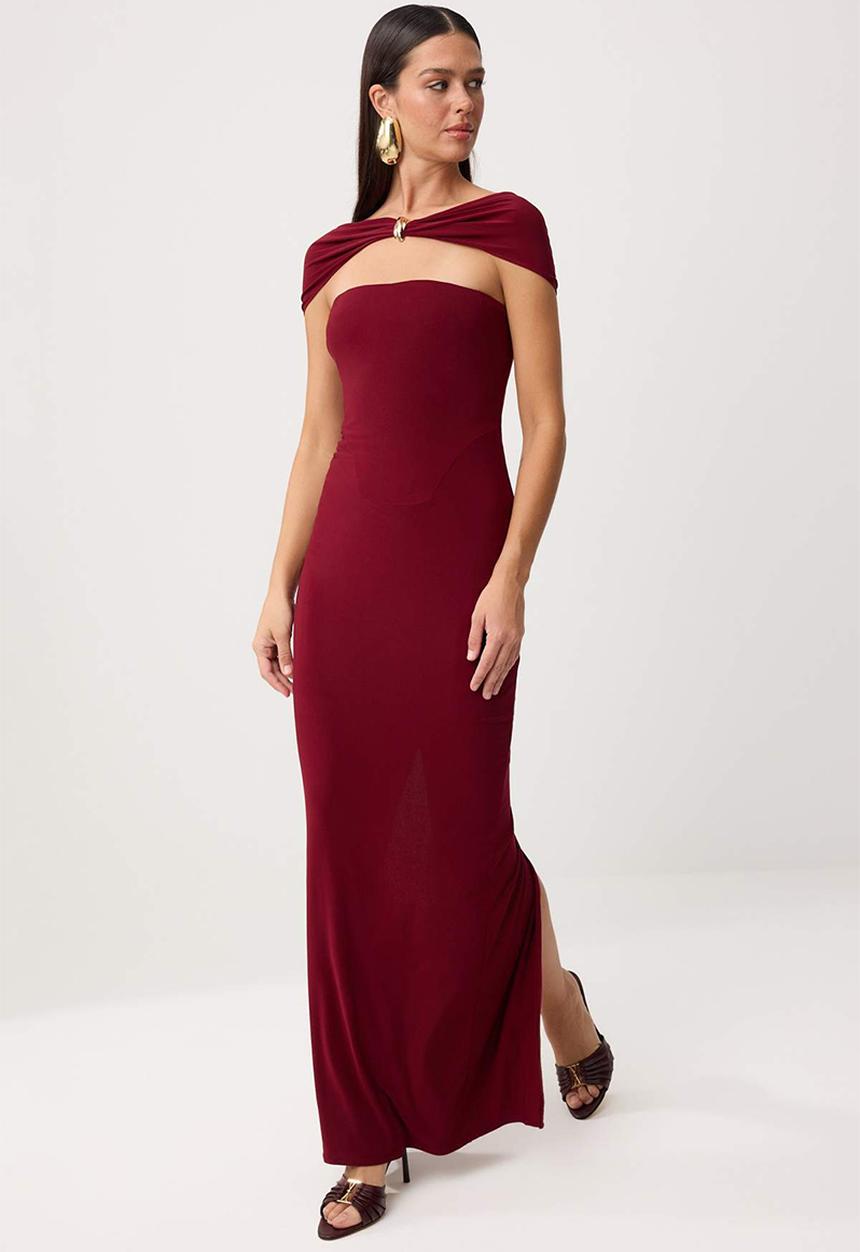 Trendyol - Strapless Straight-Cut Maxi Knit Evening Dress - Burgundy
