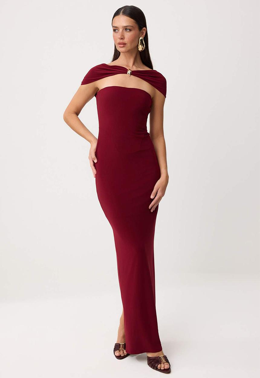 Trendyol - Strapless Straight-Cut Maxi Knit Evening Dress - Burgundy