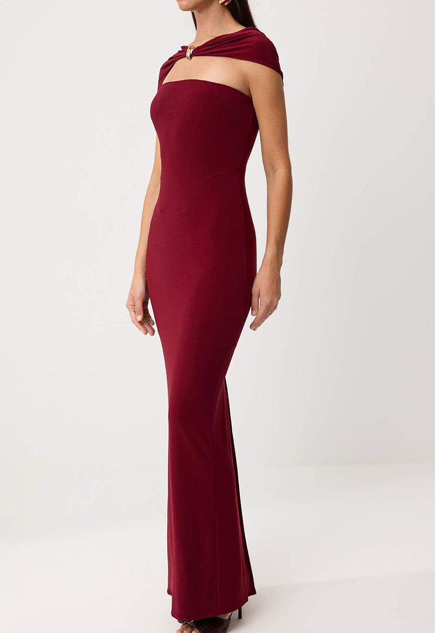Trendyol - Strapless Straight-Cut Maxi Knit Evening Dress - Burgundy