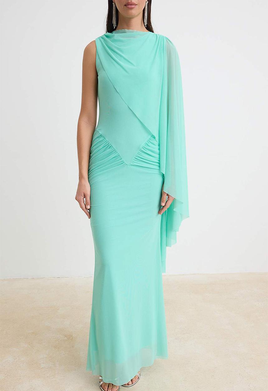 Trendyol - Cape Detail Tulle Maxi Evening Dress - Mint