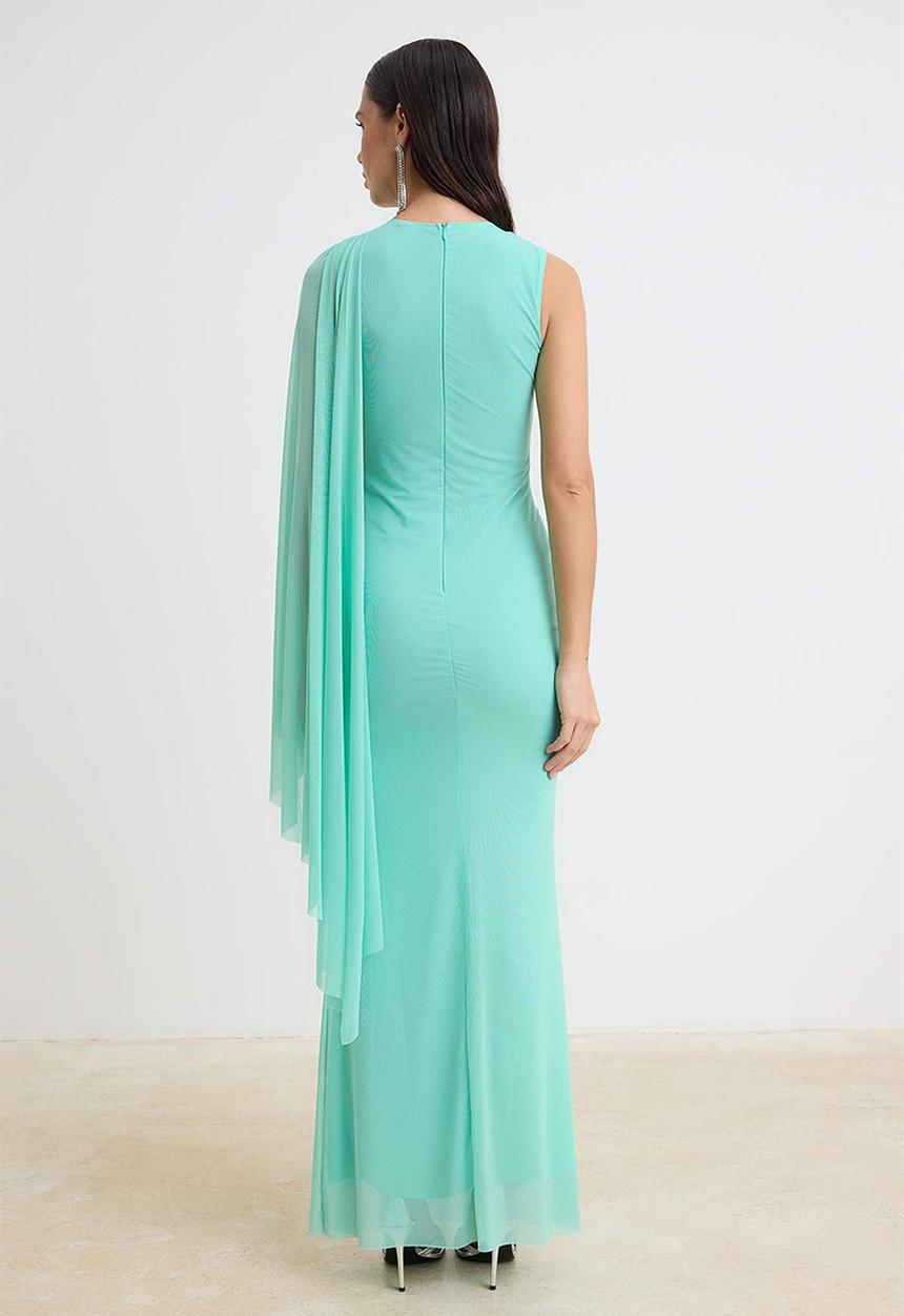 Trendyol - Cape Detail Tulle Maxi Evening Dress - Mint