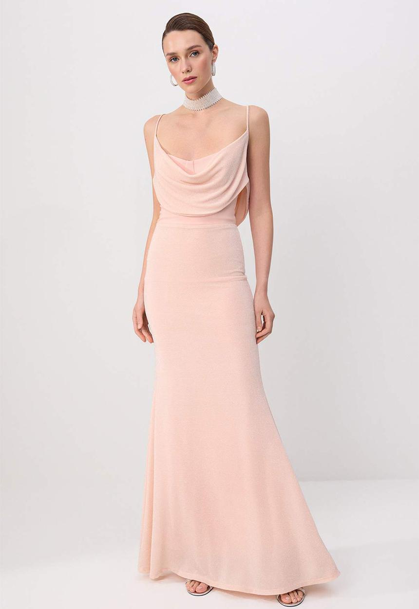 Trendyol - Glitter Draped Collar Maxi Evening Dress - Powder