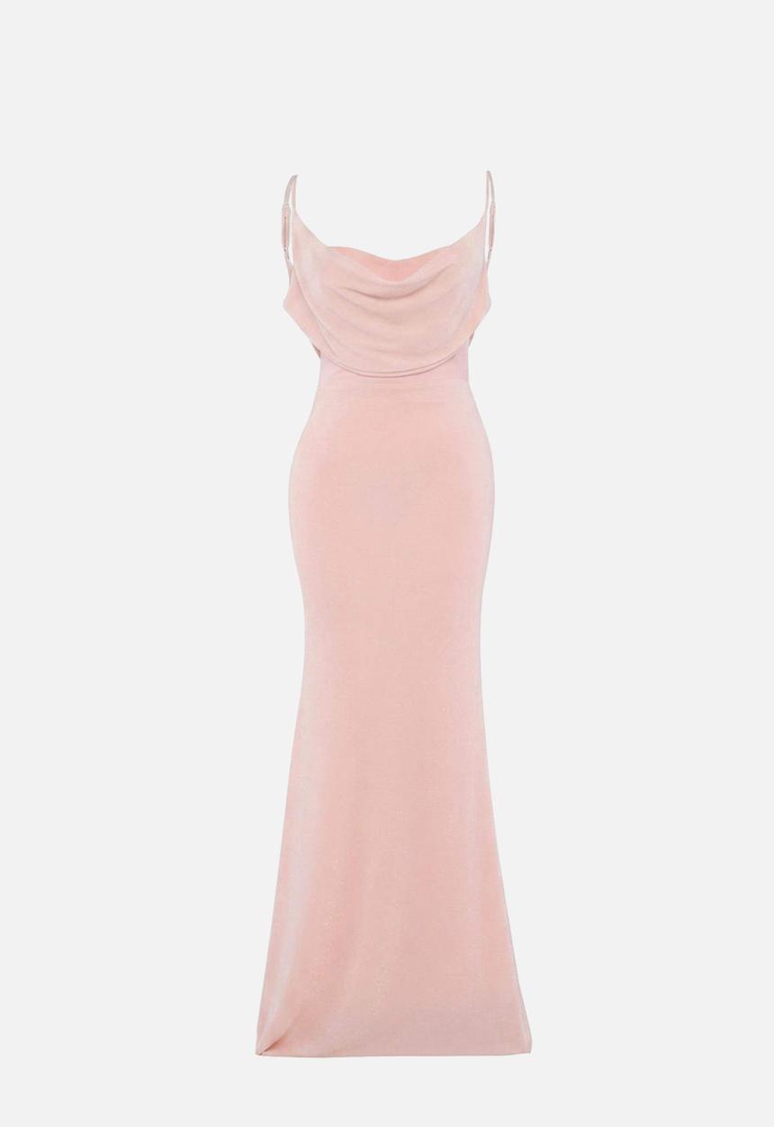 Trendyol - Glitter Draped Collar Maxi Evening Dress - Powder