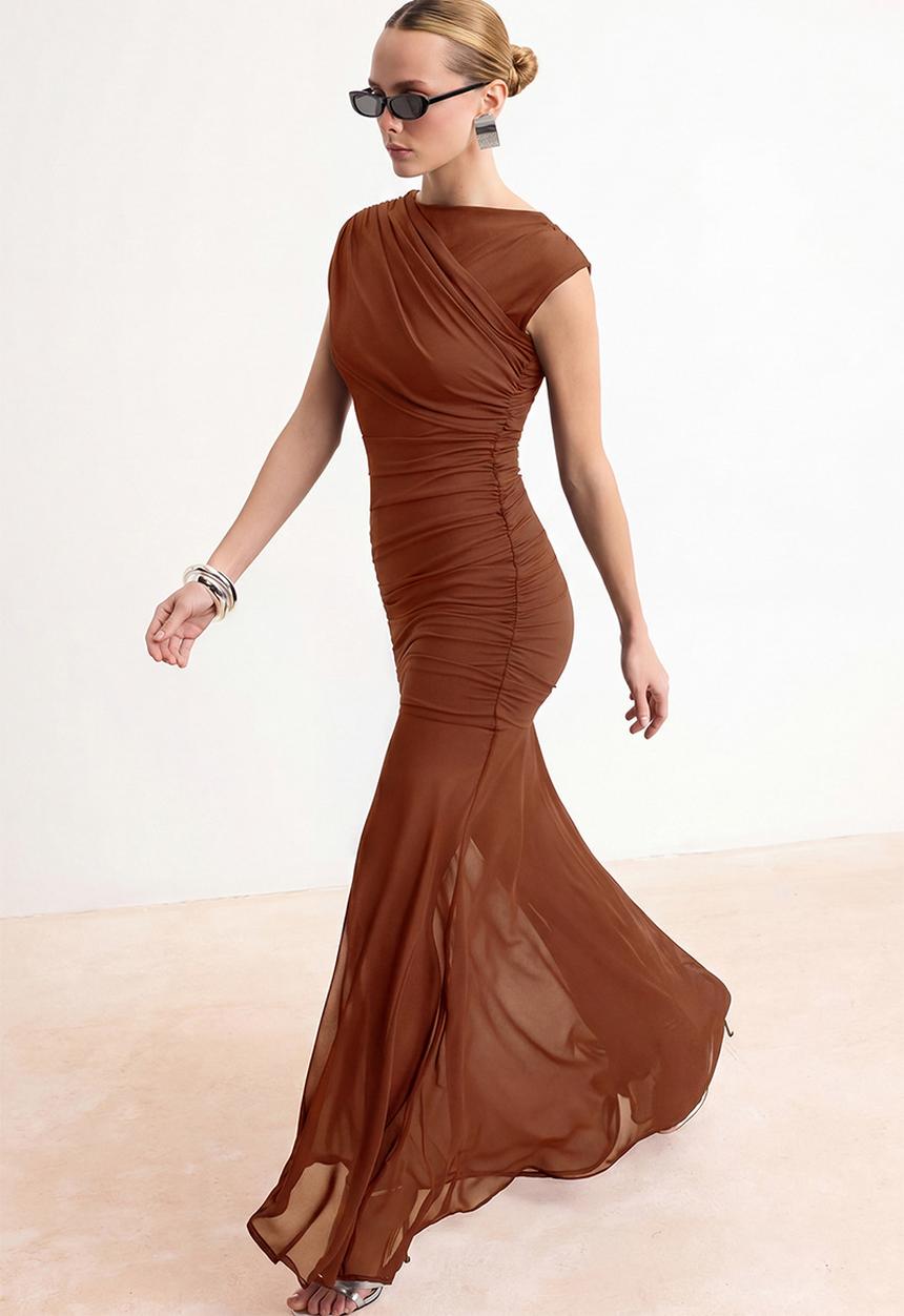 Trendyol - Shirred Draped Maxi Evening Dress - Tile
