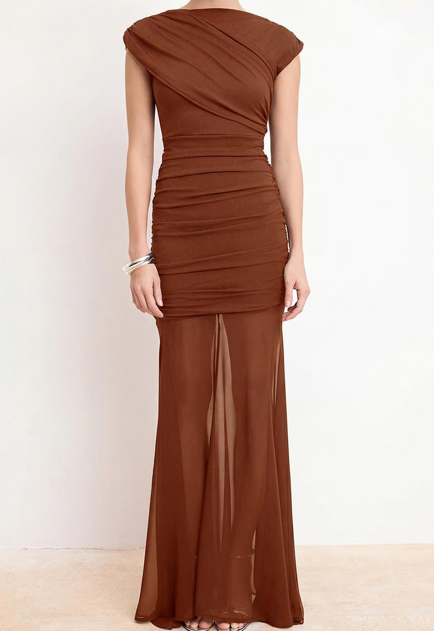 Trendyol - Shirred Draped Maxi Evening Dress - Tile