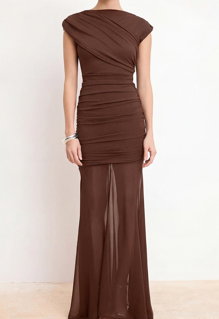 Trendyol - Shirred Draped Maxi Evening Dress - Tile