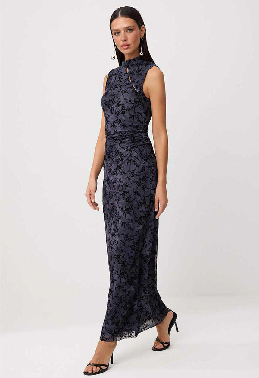 Trendyol - Embossed Floral Tulle Bodycon Maxi Evening Dress - Smoke Grey