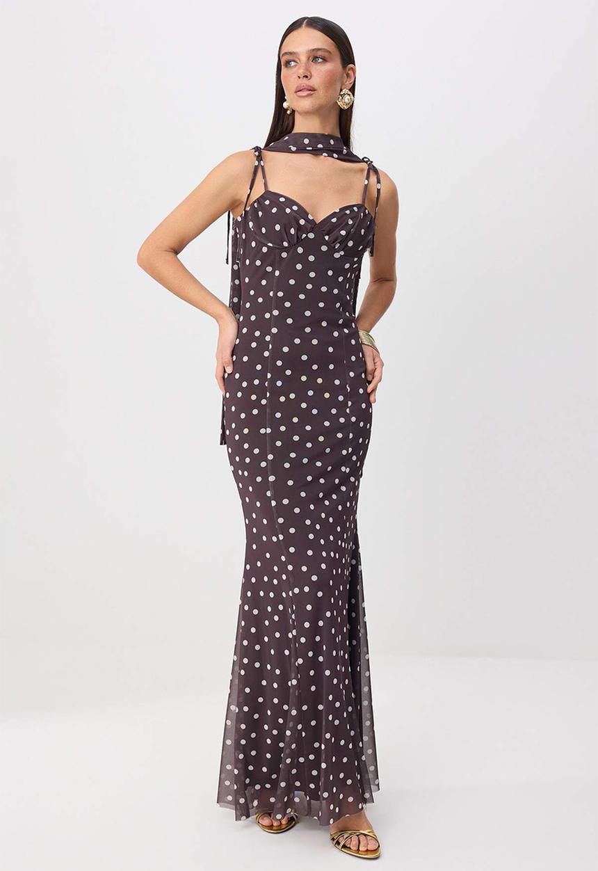 Trendyol - Polka Dot Heart Neck Fish-Tail Maxi Evening Dress - Brown-Multicolour