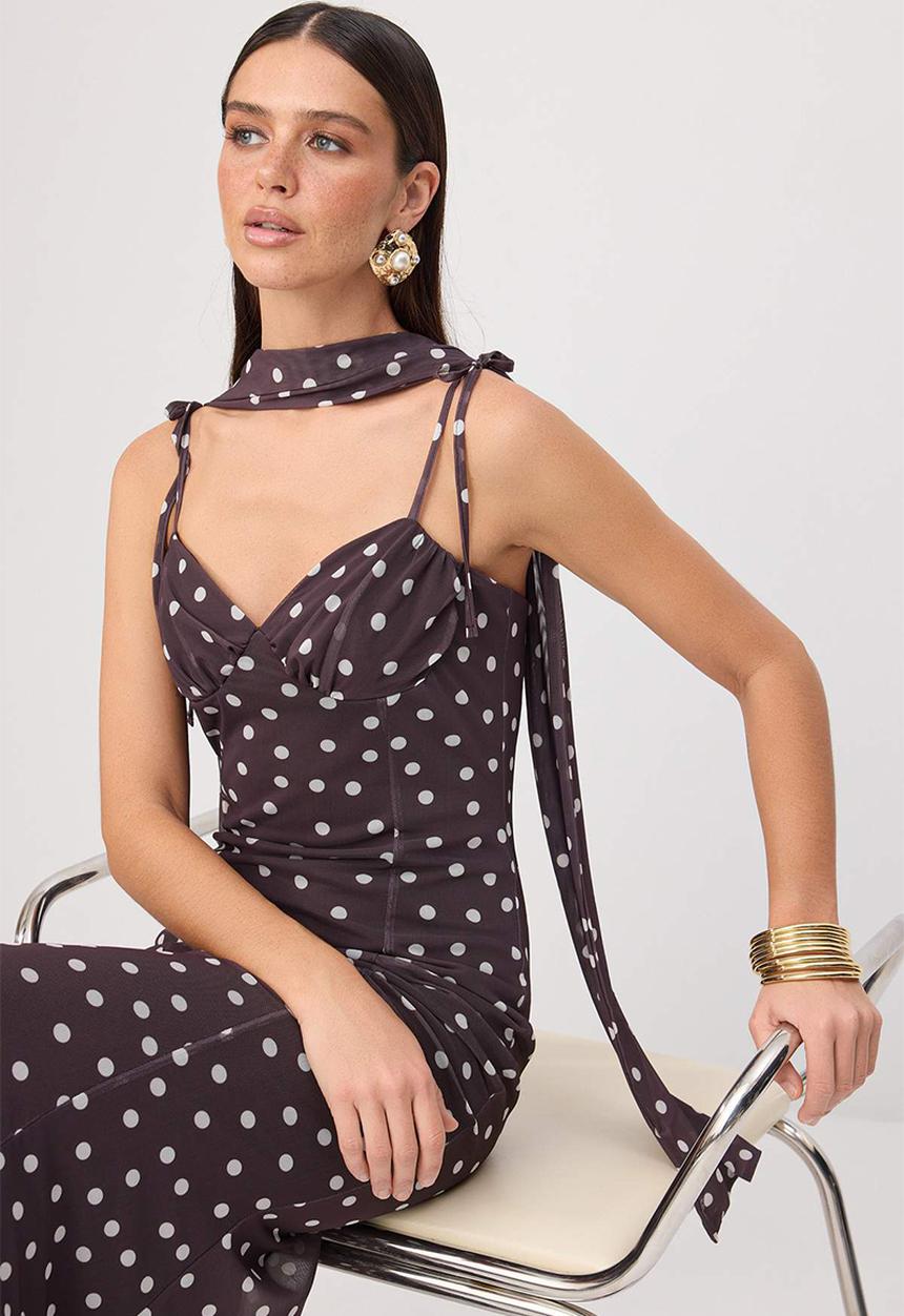 Trendyol - Polka Dot Heart Neck Fish-Tail Maxi Evening Dress - Brown-Multicolour