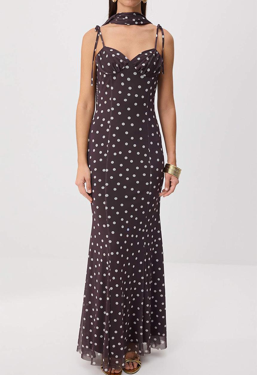 Trendyol - Polka Dot Heart Neck Fish-Tail Maxi Evening Dress - Brown-Multicolour