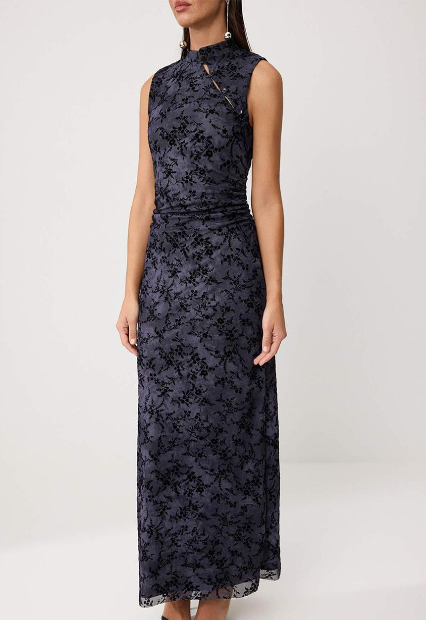 Trendyol - Embossed Floral Tulle Bodycon Maxi Evening Dress - Smoke Grey