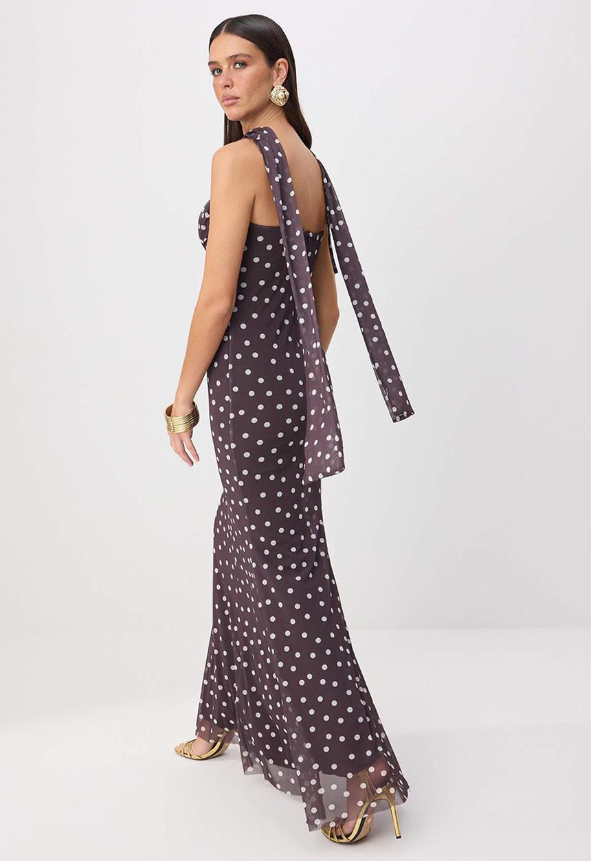 Trendyol - Polka Dot Heart Neck Fish-Tail Maxi Evening Dress - Brown-Multicolour