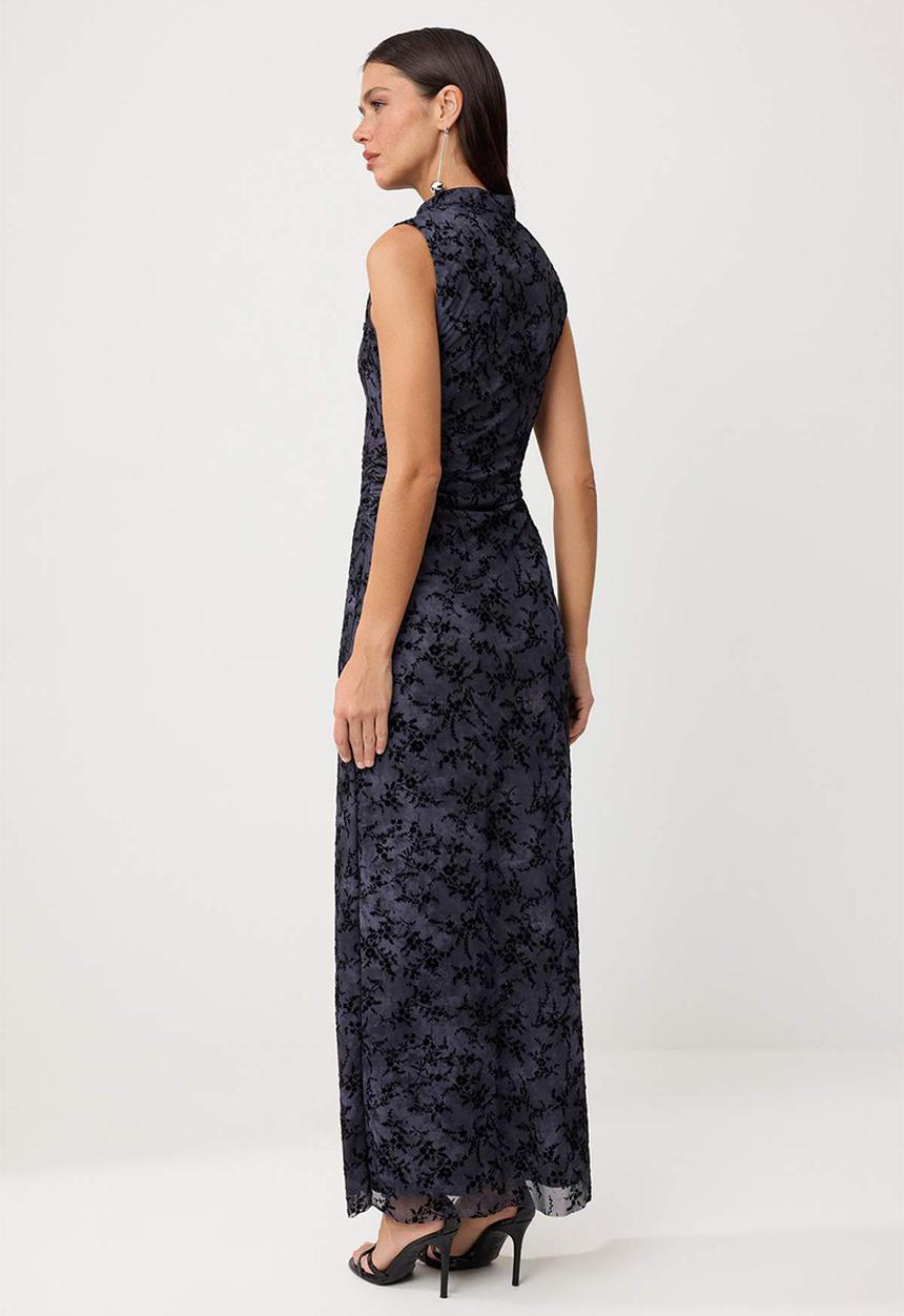 Trendyol - Embossed Floral Tulle Bodycon Maxi Evening Dress - Smoke Grey