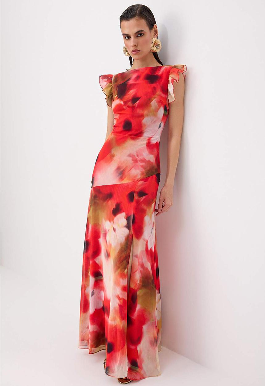 Trendyol - Floral Boat Neck Straight-Cut Maxi Evening Dress - Multicolour
