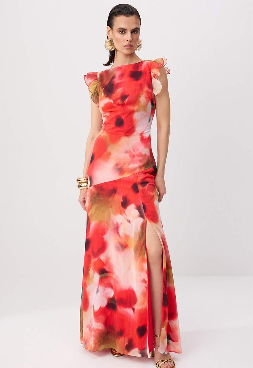 Trendyol - Floral Boat Neck Straight-Cut Maxi Evening Dress - Multicolour