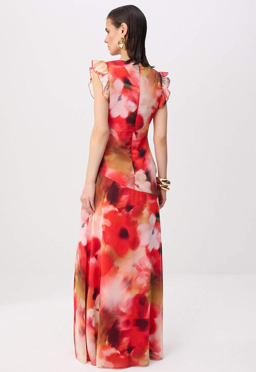 Trendyol - Floral Boat Neck Straight-Cut Maxi Evening Dress - Multicolour