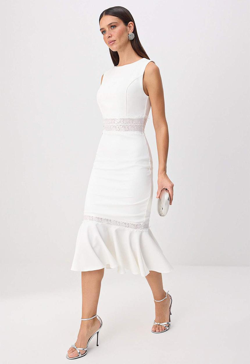 Trendyol - Lace Detail Fish-Tail Midi Dress - White
